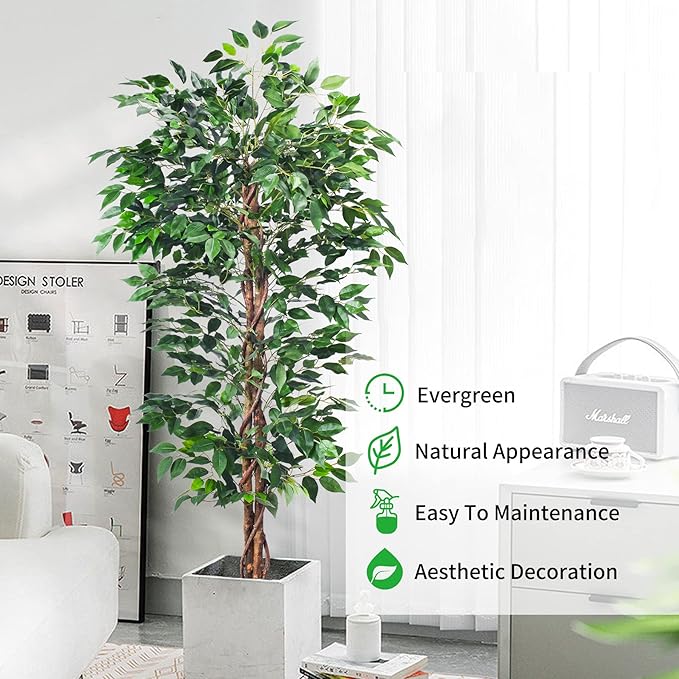 Artificial Ficus Tree 5FT Faux Silk Plants with Sturdy Plastic Nursery Pot,Fake Ficus Trees for Home Office Farmhouse Indoor Outdoor Decor Perfect Housewarming Gift (5FT-1Pack)