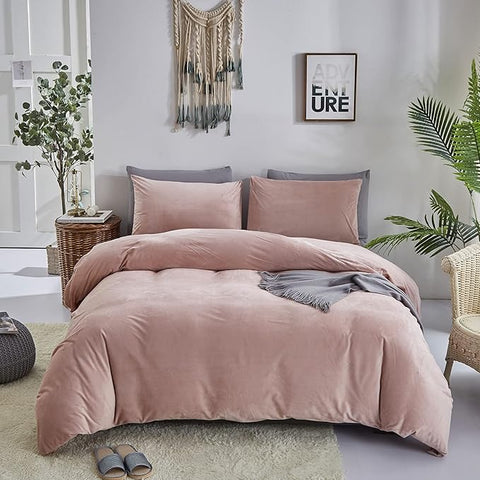 Pureant Pink Velvet Comforter Sets King Women Girls Blush Pink Fluffy Bedding Comforters Adults Teens Cute Dusty Pink Winter Quilts Solid Light Red Flannel Quilt Bean Pink Micromink Sherpa Plush Bed