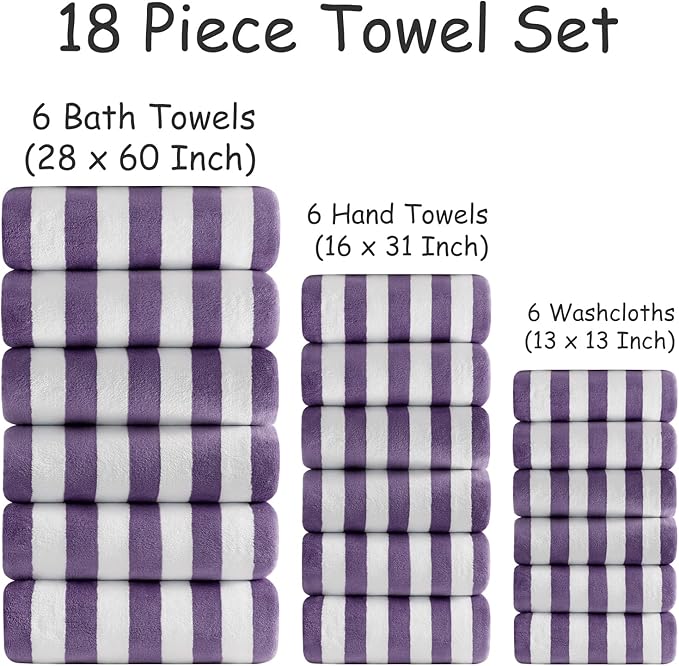18 Pcs Purple Cabana Stripe Family Towels Set with Hanging Loop-6 Bath Sheets,6 Hand Towels,6 Washcloths Ultra Soft Bathroom Towel Highly Absorbent Quick Dry Shower Towel for Beach Chair,Spa,Gym,Hotel