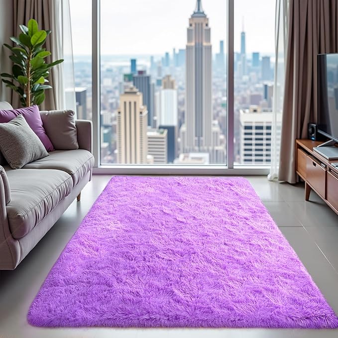 Purple Area Rugs for Bedroom Living Room, 3x5 Soft Fluffy Fuzzy Shag Plush Furry Carpet, Large Indoor Floor Mat for Kids Nursery Home Dorm Office Decor Aesthetic