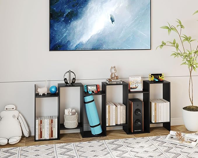 Yusong Bookshelf 6-Tier, Geometric Bookcase S Shaped Book Shelves for Bedroom, Modern Wood Decorative Display Shelf Tall Book Case for Home Office, Black
