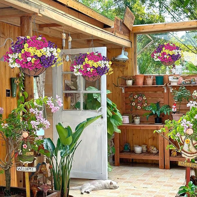 KHOYIME Artificial Hanging Flowers Plants Basket for Outdoors Indoor, 2 Set Faux Silk White Yellow Purple Fuchsia Morning Glory Fake Eucalyptus Planters UV Resistant Spring Summer Home Garden Decor