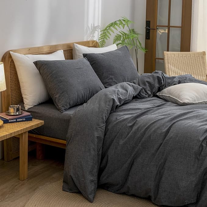 BESTOUCH Duvet Cover Set 100% Washed Cotton Linen Feel Super Soft Comfortable Chic Lightweight 3 PCs Home Bedding Set Solid Dark Black King