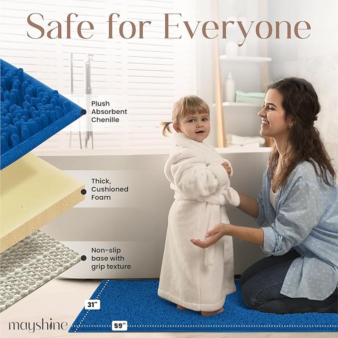 MAYSHINE Plush Shaggy Chenille Bath Mat | Extra Soft, Super Absorbent, Non-Slip Bathroom Rug | Fluffy Microfiber, Area Rug Sets for Bathroom Floor, Kitchen, Living Room | 59"x31" | Dark Blue