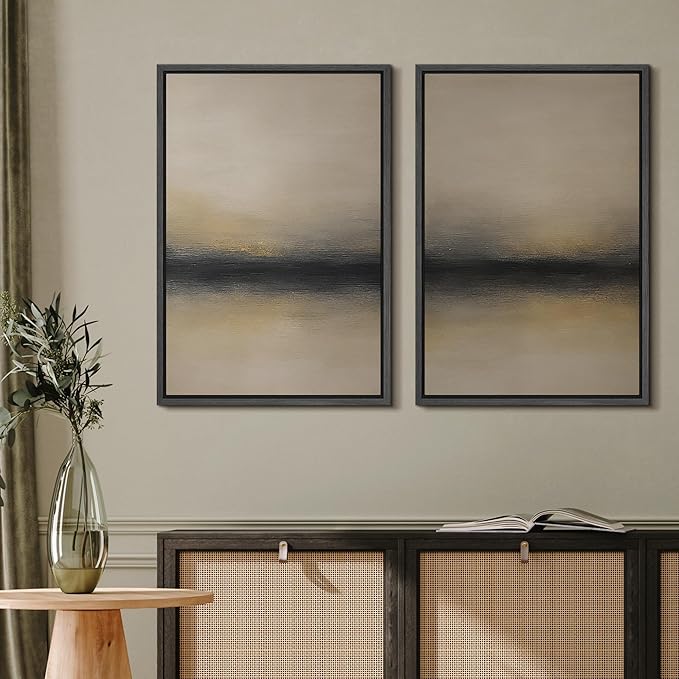 MUDECOR Framed Canvas Print Wall Art Abstract Sunset Horizon Modern Minimalist Beige and Black Illustrations Modern Art Decorative Bohemian Colorful for Living Room, Bedroom, Office - 16"x24"x2 Black