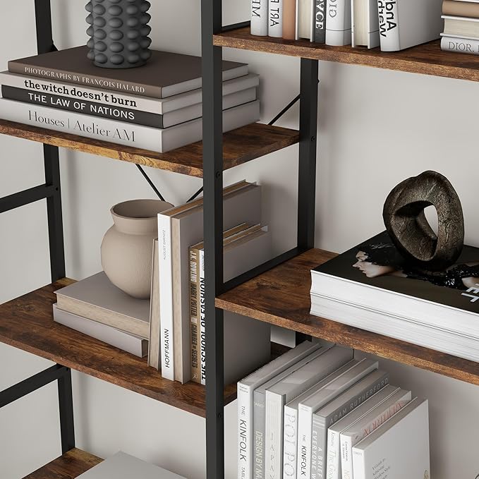 Panana Triple 4/5/6 Tier Bookshelf, Industrial Bookcase with 11/14/17 Open Display Shelves Wide Book Shelf Book Case with Metal Frame for Living Room Home Office (Brown, 6 Tier)