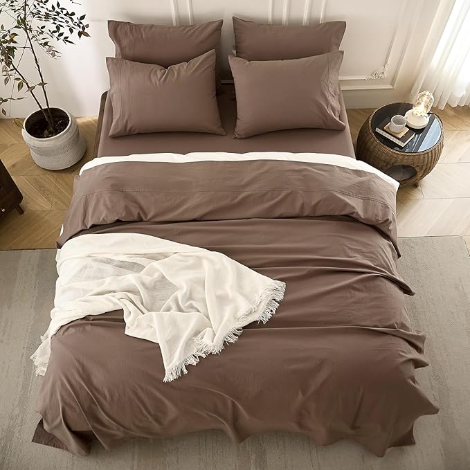 6PS Linen Like Bedding Sheet Sets Light Chocolate Brown Cotton Bedding Set Oeko-TEX Standard 100% Washed Cotton Deep Pocket King Size Fitted Sheet Plus Cozy Flat Sheet and 4 Pillowcases