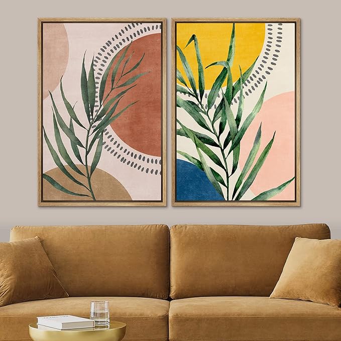 SIGNFORD Framed Canvas Print Wall Art Set Geometric Mid-Century Circle Plants Abstract Shapes Illustrations Modern Art Decorative Zen Bohemian for Living Room, Bedroom, Office - 16"x24"x2 Natural