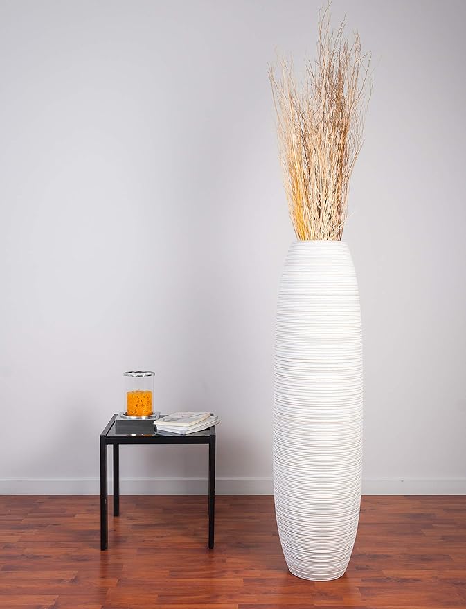 Leewadee Large White Wash Home Decor Floor Vase – Wooden 41 inches Tall Farmhouse Decor Flower Holder for Fake Plant and Pampas Grass
