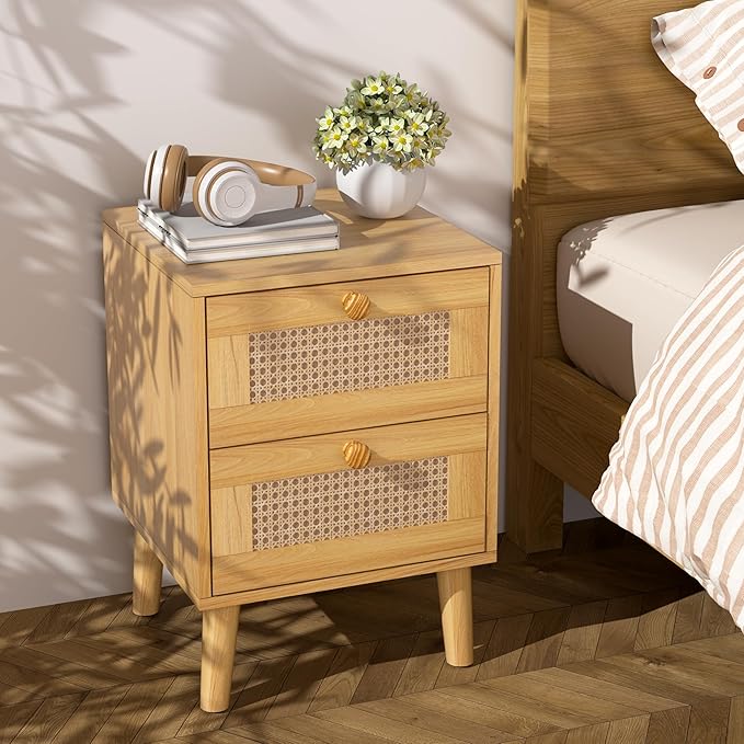 Rattan Nightstand,Boho and Wood Night Stand with Drawers,Bedside Rattan Table and Small nightstand,Natural Wood Nightstand for Bedroom,Oak (Oak)