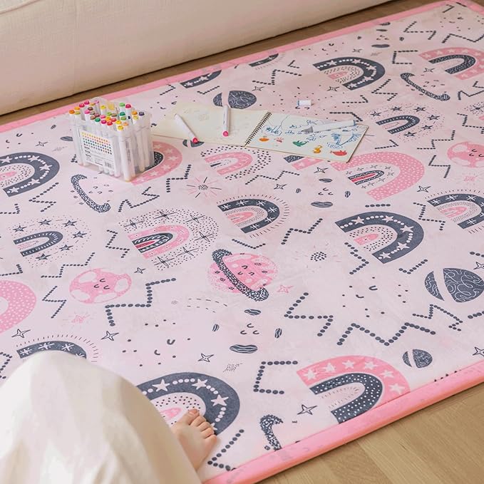 Loartee Rainbow Kids Play Mat - 78"x94" Soft Coral Velvet Memory Foam Tummy Time Rug, Pink