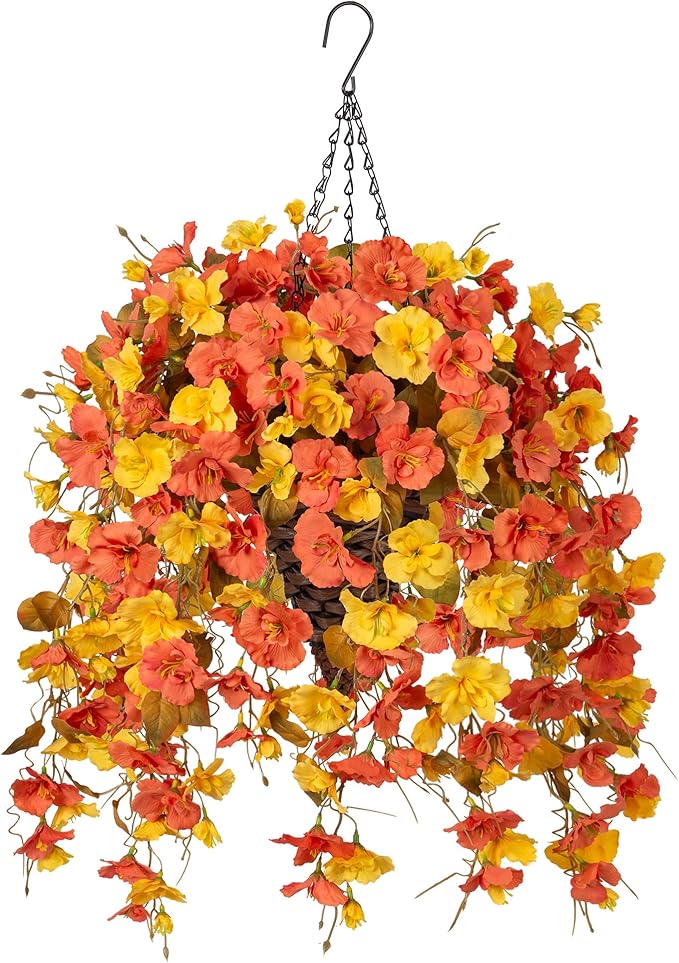 Ivydale Artificial Hanging Flowers with Basket for Outdoor Fall Decoration, Fake Hibiscus Vines Faux Plants Realistic Silk Flowers for Planters Outside Home Patio Porch Balcony, Fall YellowOrange