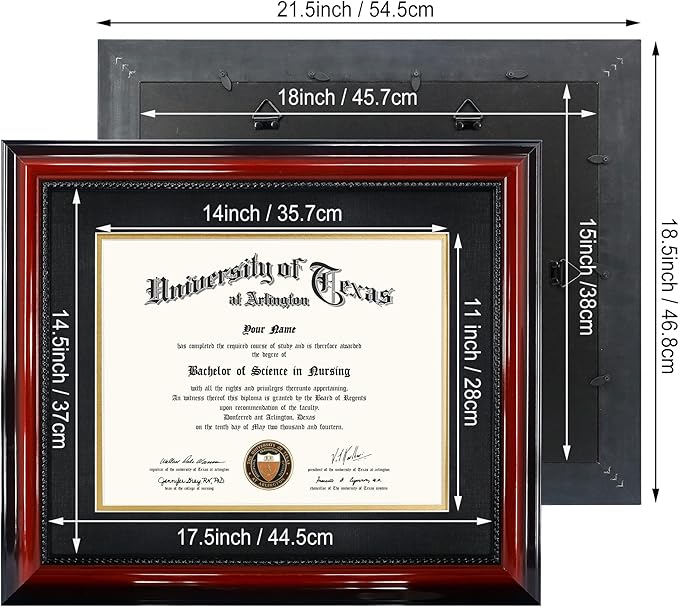 11x14 Diploma Degree Frame with Mat or Display 15x18 Certificates without Mat,Solid Wood,Cherry Finish with Intricate Black Rope Detail,UV Protection Acrylic