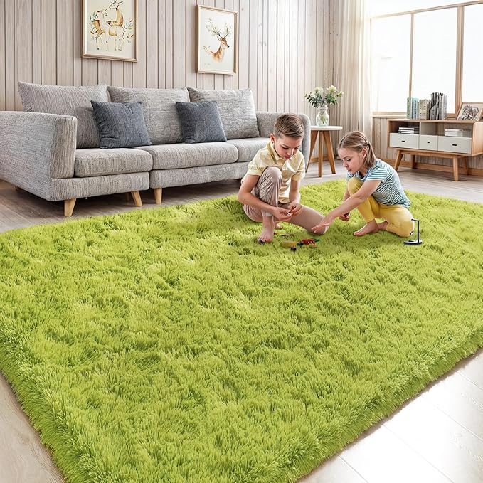 Green Rug for Bedroom, 5x7 Fluffy Area Rugs for Kids Playroom, Furry Carpet for Nursery Room, Shaggy Rug for Teen Living Room, Thick Fuzzy Plush Rug for Dorm, Cute Room Decor for Baby