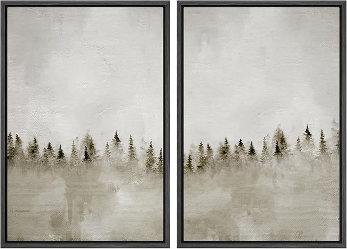 MUDECOR Framed Canvas Print Wall Art Set Misty Pines Serene Forest Landscape Illustrations Modern Art Decorative Bohemian Calm/Zen for Living Room, Bedroom, Office - 24"x36"x2 Black