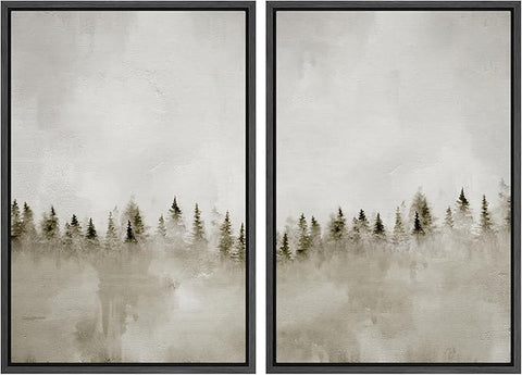 MUDECOR Framed Canvas Print Wall Art Set Misty Pines Serene Forest Landscape Illustrations Modern Art Decorative Bohemian Calm/Zen for Living Room, Bedroom, Office - 24"x36"x2 Black