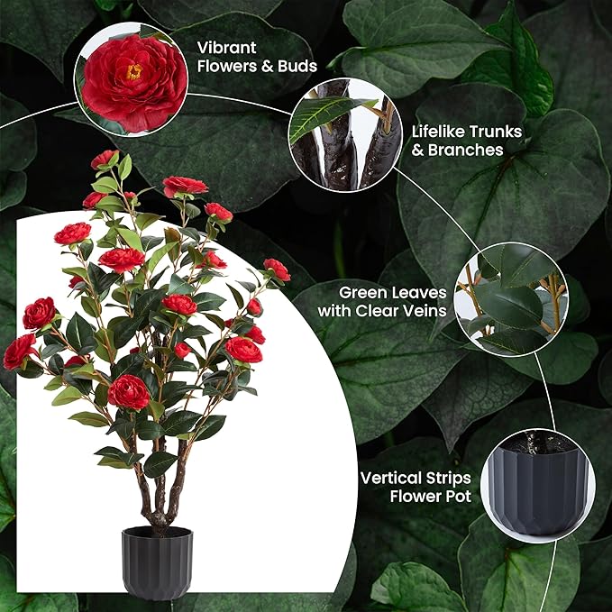 3.2FT Artificial Camellia Trees, Red Silk Flowers, Indoor Faux Plants with Realistic Trunk in Black Cement Pots for Home House Living Room Bedroom Office Decor, 2pcs