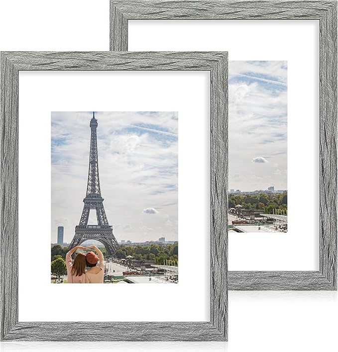 11x14 Picture Frame Set of 2, Made of Glass and Rustic Grey Wooden Frame, Display 8x10 Pictures with Mat or 11 x 14 Posters without Mat for Wall Mounting, Gallery Photo Frames