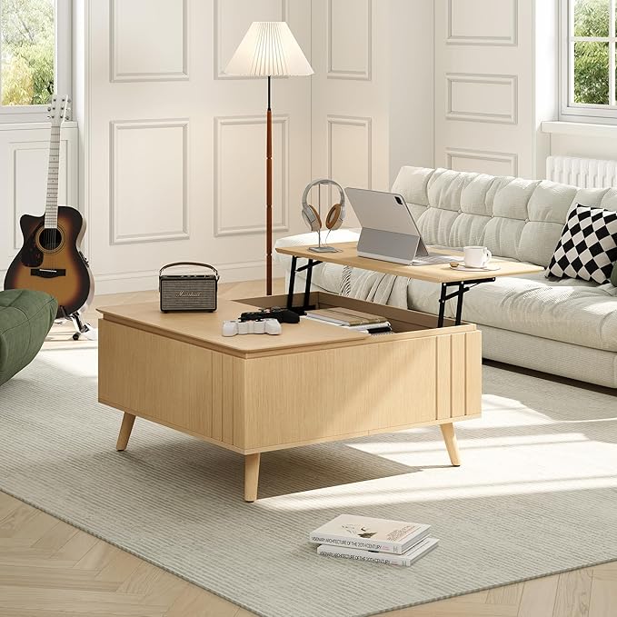 Lift Top Coffee Table, Mid Century Modern Center Table with Large Hidden Storage Compartment, 36" Square Coffee Tables for Living Room, Home Office, Oak
