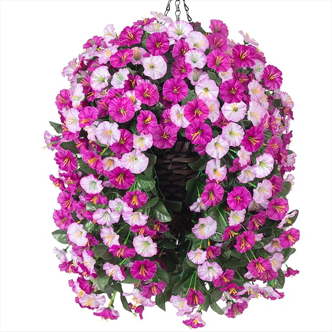 Artificial Hanging Flowers Plants in Basket, Fake Plant Silk Morning Glory Flower Arrangement for Outdoor Decor, UV Resistant Realistic Floral Planter for Outside Porch Patio Balcony (Fuchsia)