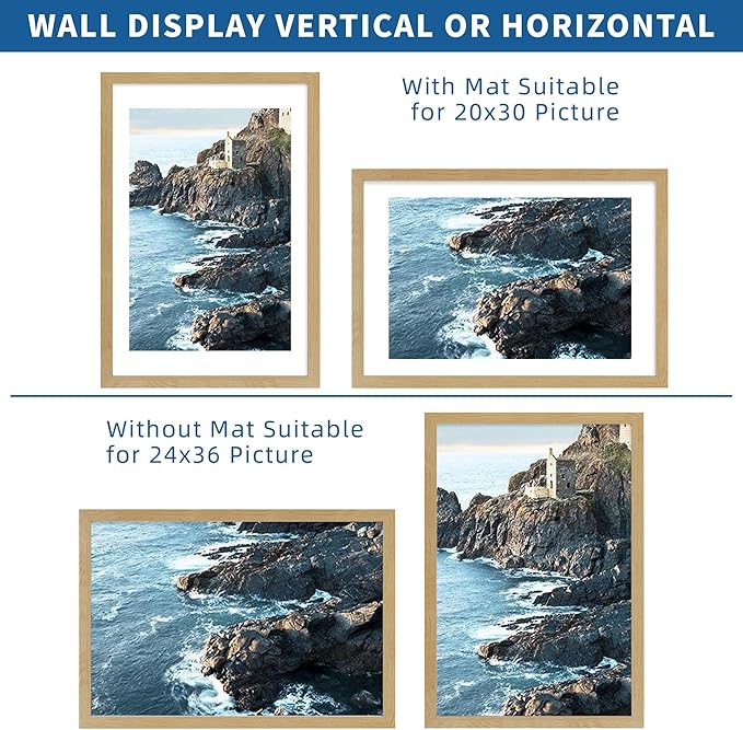 24x36 Poster Frame Set of 2, Natural Oak Wood Style - Display 20x30 Picture with Mat or 24 x 36 Poster without Mat, Wall Mounting Horizontal and Vertical