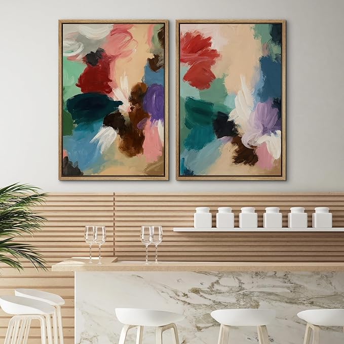 SIGNWIN Framed Wall Art Print Set Colorful Abstract Brushstroke Vibrant Illustrations Modern Art Rustic Relax/Calm Multicolor for Living Room, Bedroom, Office - 24"x36"x2 NATURAL