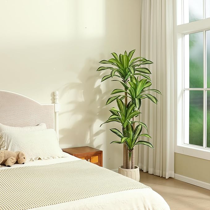 Artificial Plants, 6 Ft Dracaena Tree Faux Plants Indoor Outdoor Decor Fake Tree with Woven Seagrass Basket Plants for Home Decor Office Living Room Porch Patio Housewarming