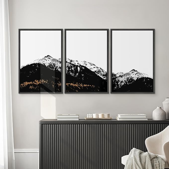 SIGNWIN 3 Piece Framed Canvas Wall Art Black and White Mountain Tops Photo Nature Wilderness Illustrations Abstract Traditional Home Artwork Decoration for Living Room,Bedroom - 16"x24"x3 Black