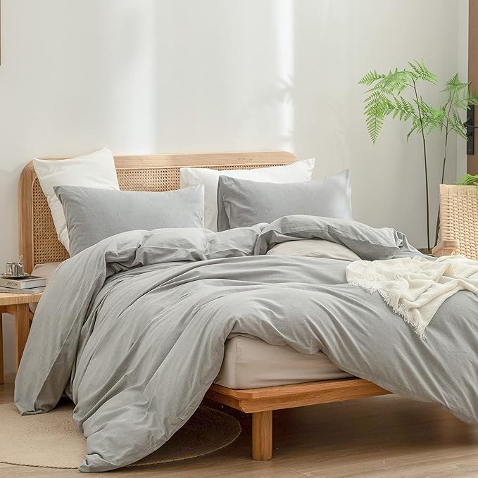 BESTOUCH Duvet Cover Set 100% Washed Cotton Linen Feel Super Soft Comfortable Chic Lightweight 3 PCs Home Bedding Set Solid Light Grey Cal King