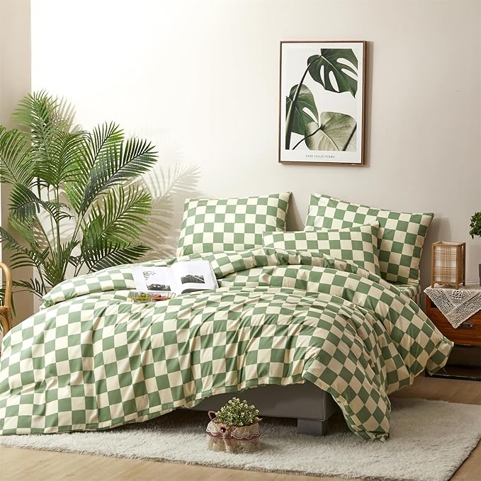 CLOTHKNOW Green White Plaid Comforter Sets Full Grid Bedding Comforter Sets Soft Checker Geometric Comforter with 2 Pillow Cases