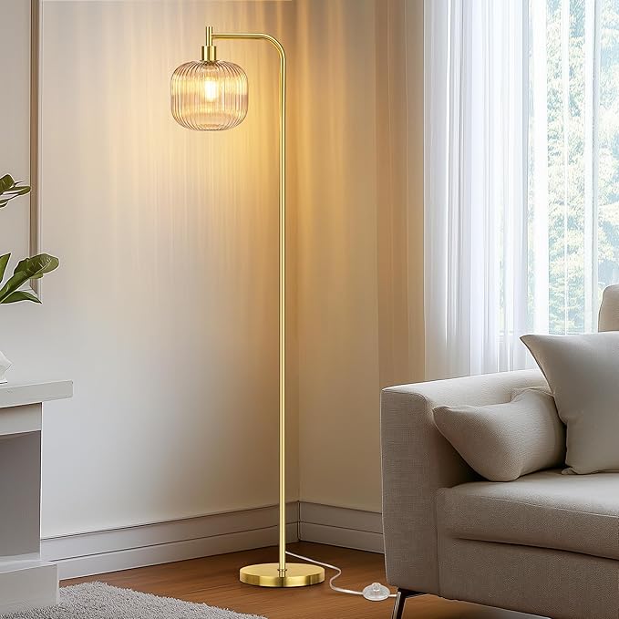 QiMH Glass Floor Lamp for Living Room, Modern Standing Lamp with Ribbed Champagne Glass Lampshade Pedal Switch, 67” Tall Lamp for Bedroom Study Room, Brushed Gold (2700K LED Bulb Included)