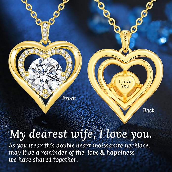 Moissanite Heart Pendant Necklaces for Women, 925 Sterling Silver Gold Plating Lab-Created Gem Necklace Engraved with 'I LOVE YOU', Ideal Anniversary Birthday Christmas Valentine Engagements Mothers Day Jewelry Gifts for Mom Wife Girlfriend Daughter Her