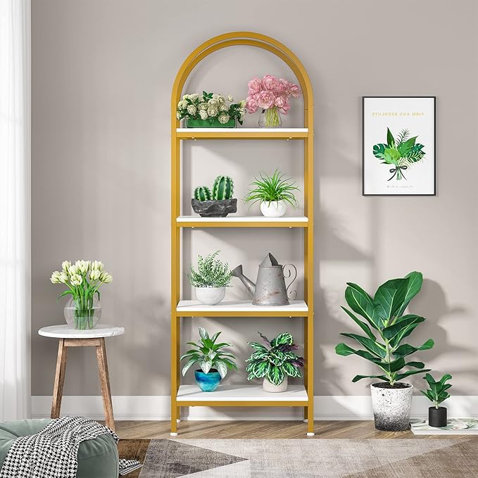 Tribesigns 4-Tier Open Bookshelf Set of 2, 70.8" Modern Wood Bookcase Storage Shelves with Metal Frame, Freestanding Display Rack Tall Shelving Unit for Bedroom, Living Room (White and Gold, 2PCS)