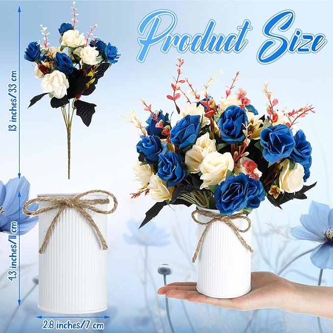 Domensi 12 Sets Wedding Centerpiece for Table Artificial Rose with Vase Fake Bouquets and Metal Pot Floral Arrangements for Holiday Party Event Table Decor (Dark Blue)