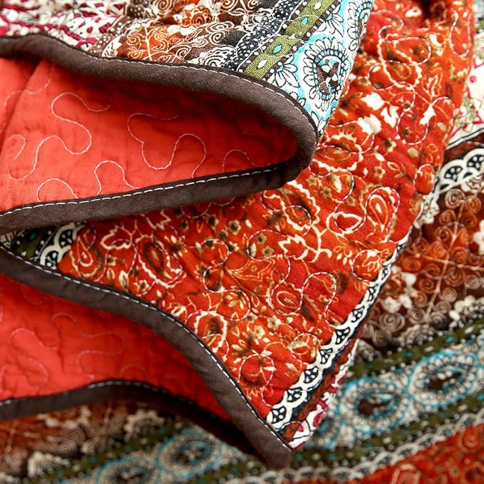 NEWLAKE Quilt Throw Blanket with Classical Floral Patchwork, Orange Jacquard, 60X78 Inch