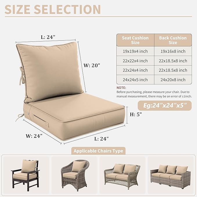 Premium Outdoor Seat Cushion Chair Cushions for Patio Furniture 24 L X 24 W X 5 H Waterproof & Fade Resistant Deep Seat and Backrest Cushion Set with Removable Covers for Chair, Sofa