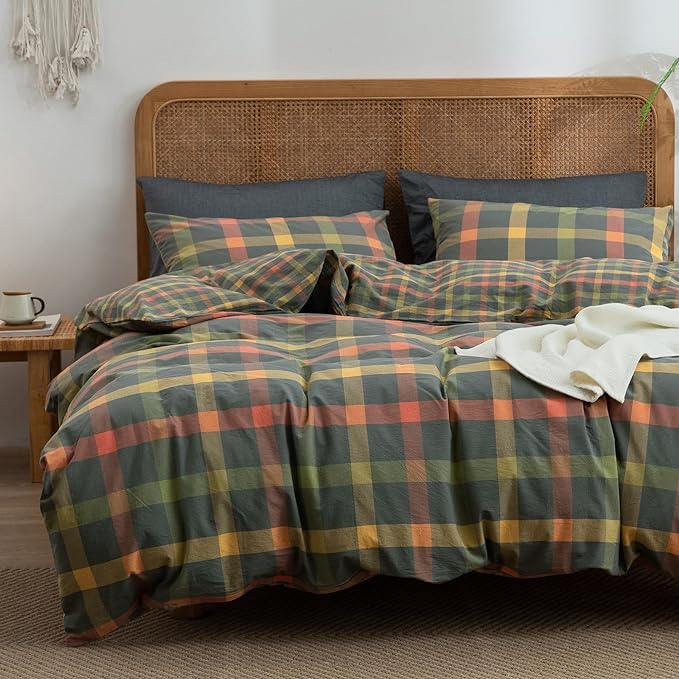 VM VOUGEMARKET Twin XL Plaid Duvet Cover Set Orange Grey Green Gingham Bedding Set Soft Washed Cotton Reversible Modern Cozy Duvet Cover with 2 Pillowcases for Teen Boys- 68x90 Inch