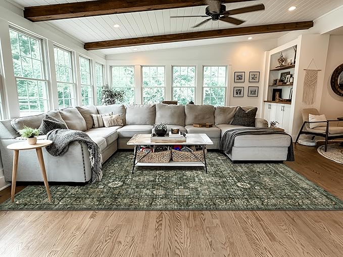 Morebes Vintage Dark Green Living Room Rug, 9x12 Area Rug Large Washable Rugs for Bedroom, Soft Dining Room Carpet Non-Slip Non-Shedding Throw Rug for Farmhouse Indoor Kids Playroom