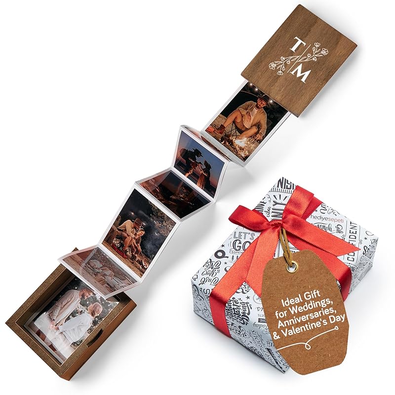 Personalized Wooden Photo Box Gift with Initials-Picture Box Gift, Wedding Keepsake Box, Anniversary Box-Custom Gifts- Romantic Gift Photo Memory Storage Box-10 Pull Out Photo, 3"x2"(Initial-Vertical)