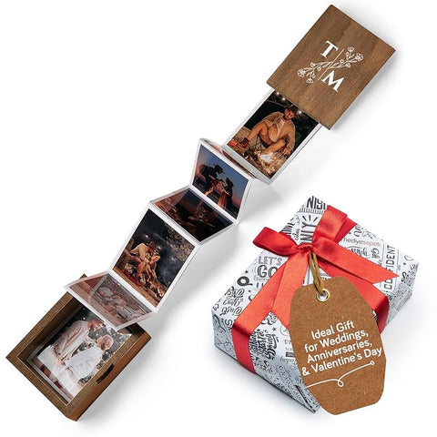 Personalized Wooden Photo Box Gift with Initials-Picture Box Gift, Wedding Keepsake Box, Anniversary Box-Custom Gifts- Romantic Gift Photo Memory Storage Box-10 Pull Out Photo, 3"x2"(Initial-Vertical)
