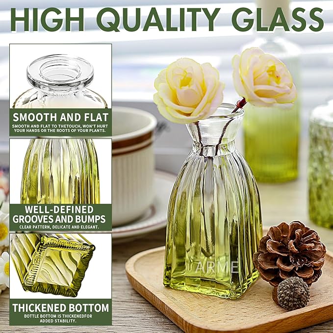 Arme Bud Vase Set of 32, Green Vases Glass Bud Vases in Bulk, Small Vases for Centerpieces Mini Flower Vase Set Cute Vintage Glass Vase Set for Flower Wedding Home Centerpiece Table Decorations