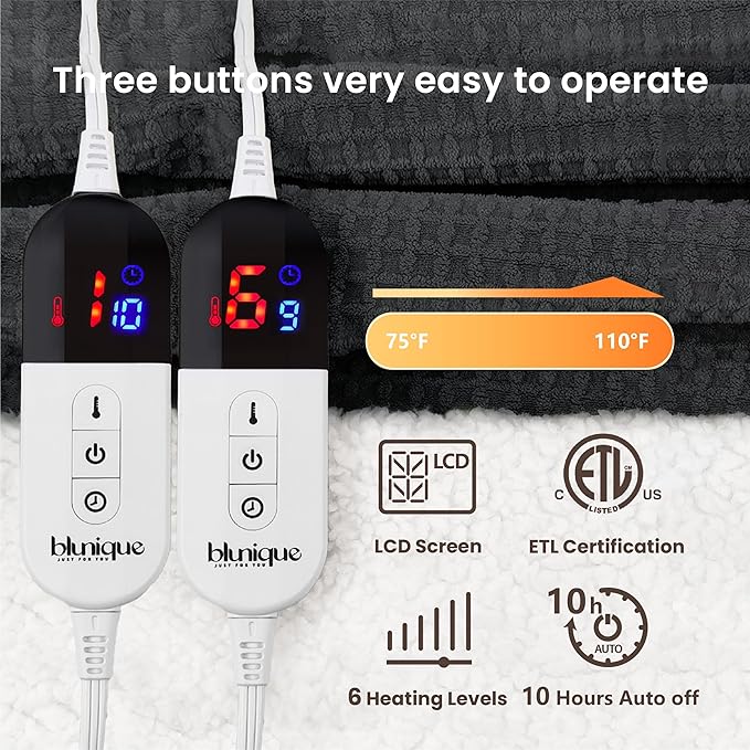 Heated Blanket Electric Blanket Queen Waffle, 84x90 Inches Dual Controllers Sherpa Fleece Fast Heating Blanket 6 Heating Levels & 10 Hours Auto Off ETL Certification,Charcoal Grey Queen