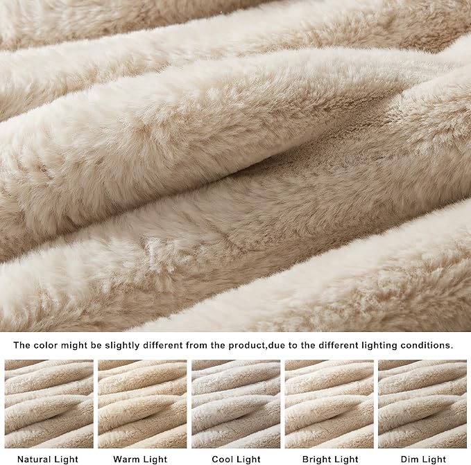 WDCOZY Faux Fur Throw Blanket Striped Super Soft Cozy Fluffy Luxurious Blankets Couch Bed Sofa Chair Home Decor Warm Furry Fall Winter Plush Lightweight Rabbit Fur Bubble Blanket 50" x 60", Beige