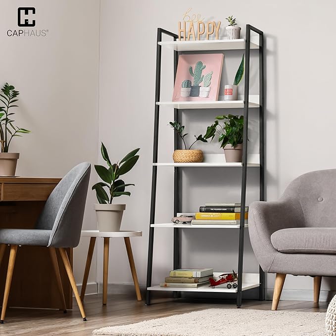 CAPHAUS 5 Tier Ladder Bookshelf, 24 Inch Width Free Standing Shelf, Bookcase Shelf Storage Rack Organizer, Industrial Book Shelves for Home Office, Living Room, Kitchen, White, Vintage Shelves