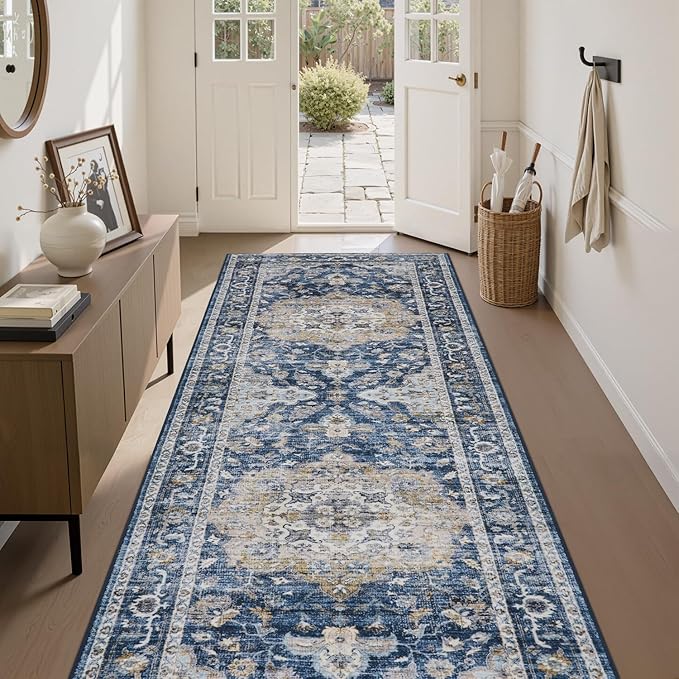 PADOOR-Vintage Runner Rug 2X10 Runners for Hallways-Soft Blue Washable Bedside Rugs for Bedroom-Non Slip Long Rug for Hallways Entryway Laundry Room Stair Kitchen Bathroom
