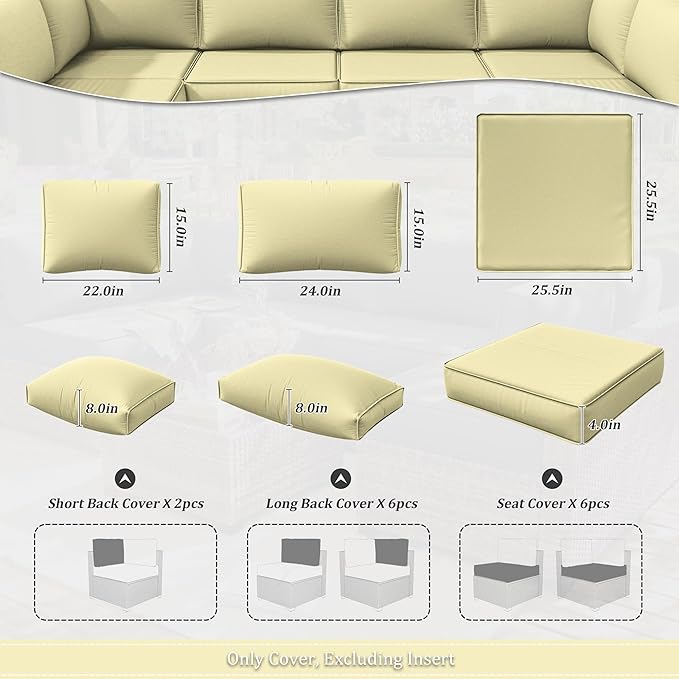 14 Pcs Outdoor Cushion Slipcovers Outdoor Patio Cushion Covers Replacement Waterproof with Zipper for Outdoor Furniture, Patio Sofa Couch 3 Sizes, Covers Only