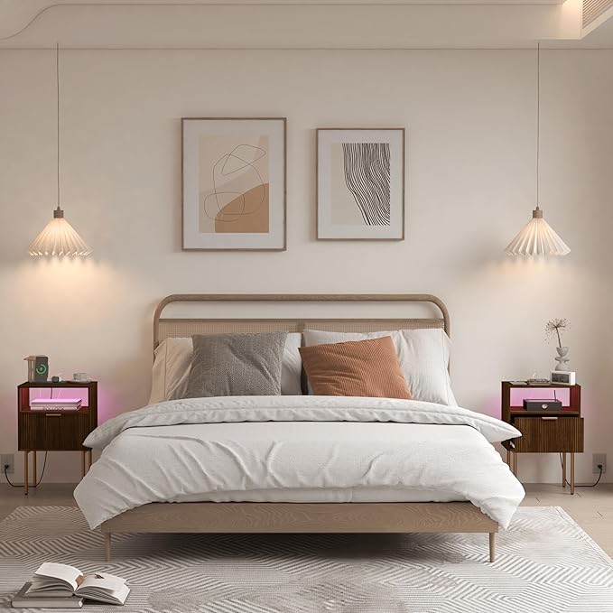 Nightstand with Outlet and Led Light, Bedside Table with Storage Drawer, Fluted Side Table for Living Room, Bedroom
