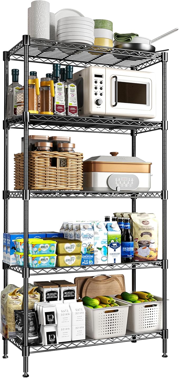 72" H Storage Shelves 5 Tier Wire Shelving with Shelf Liners, Adjustable Metal Garage Shelving, 1325LBS Heavy Duty Commercial Storage Rack for Pantry Kitchen, 35" W x 16" D x 72" H, Black