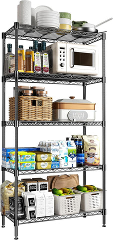 72" H Storage Shelves 5 Tier Wire Shelving with Shelf Liners, Adjustable Metal Garage Shelving, 1325LBS Heavy Duty Commercial Storage Rack for Pantry Kitchen, 35" W x 16" D x 72" H, Black