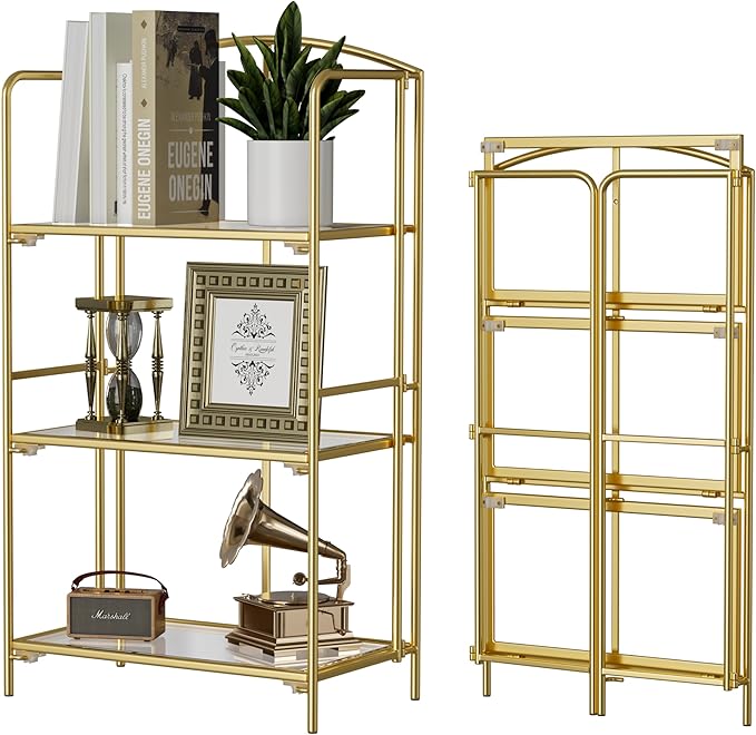 Crofy No Assembly Folding Bookshelf for Living Room, 3 Tier Gold Collapsible Book Shelf for Home Office, Portable Bookcase Storage Organizer